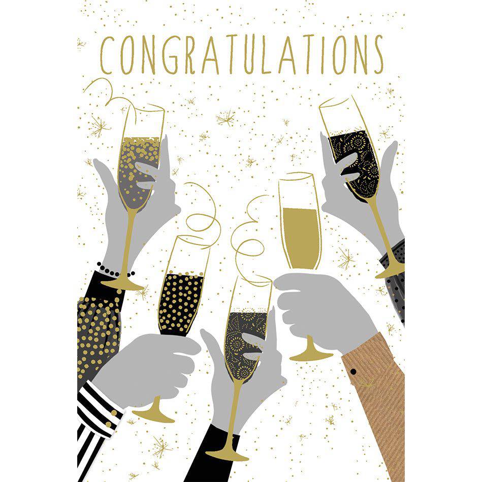 Elegant champagne glasses congratulations card by Sara Miller for Pictura, featuring festive, colorful design on high-quality paper.